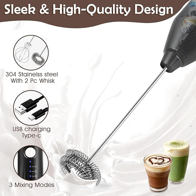 Powerful Milk Frother - Electric Handheld Milk Foam Maker with Stand, Milk Jug and 2 Stainless Steel Whisks, Rechargeable 3 Speeds for Coffee Lattes Cappuccino Matcha（Black）