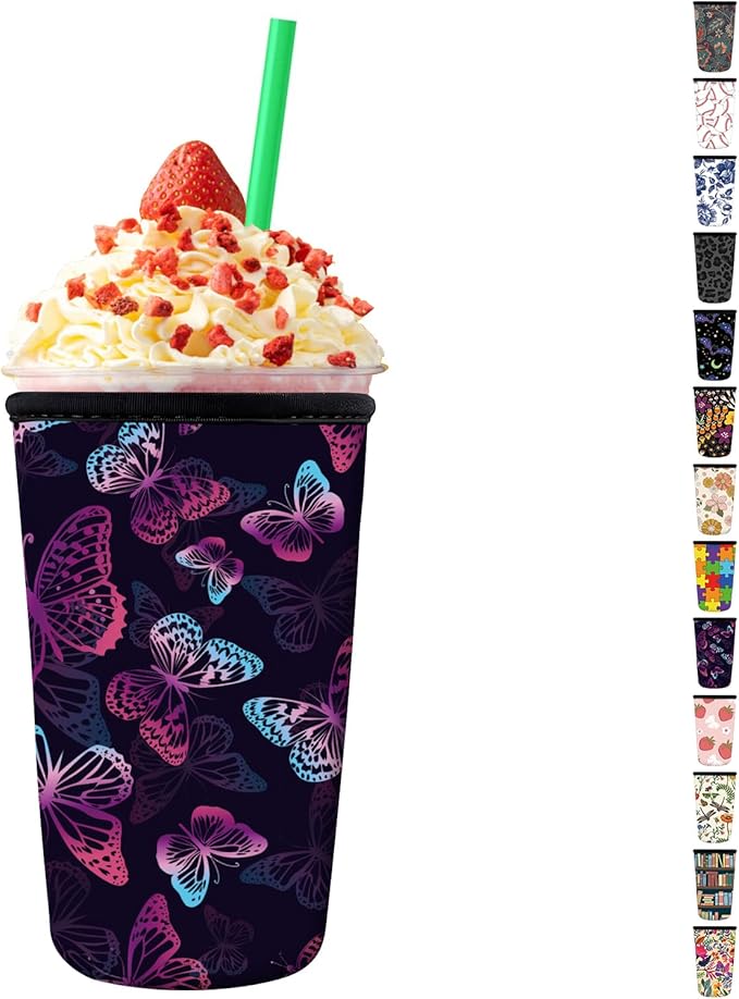 Reusable Neoprene Insulator Sleeve for Iced Coffee Cups, Medium 22-28oz Durable Drink Sleeve for Cold Beverages, Cute Beverage Holder Cup Sleeve for Women Men Cute Purple Butterfly
