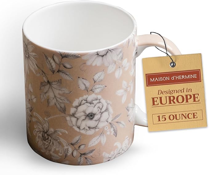 Maison d' Hermine Coffee Mug with Handles Fine Bone China Mugs Pack of One Tea Cups for Hot Beverages Cappuccino Latte Home Restaurant Office Perfect for Gift (Pretty Autumn - Pretty Mono, 15 Ounce)