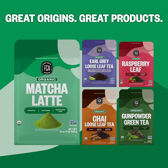 FGO Organic Matcha Latte Powder, 16 Ounce Bulk Resealable Bag, Japanese Matcha with Organic Cane Sugar, Lightly Sweetened, Packaging May Vary (Pack of 1)