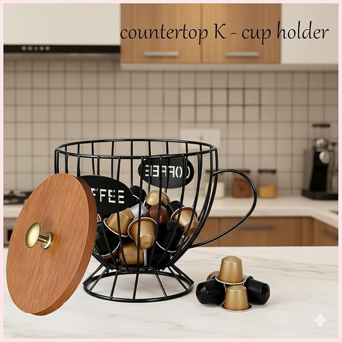 Coffee Pod Holder with Lid -Coffee Creamer Holder Large Capacity Holder for k Holder Organizer for Counter - Coffee Decor Station for Pods, Espresso, Capsules, Creamer, (Black-CC)