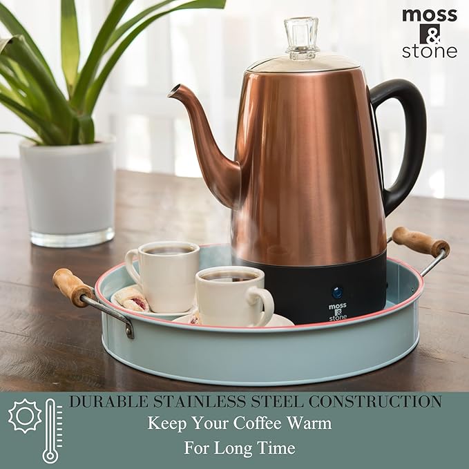 Moss & Stone 10 Cup Copper Percolator Coffee Pot Electric, Stainless Steel Coffee Percolator Electric With Keep Warm Function, Classic Perculator Pot With Removable Basket for Home or Office