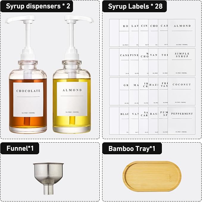 Coffee Syrup Dispenser for Coffee Bar, Coffee Syrup Pump Dispenser, Glass Syrup Bottle with White Upgraded Pump, 2 Pack 16.9 oz 500 ml Syrup Dispensers, 28 Labels and Bamboo Tray
