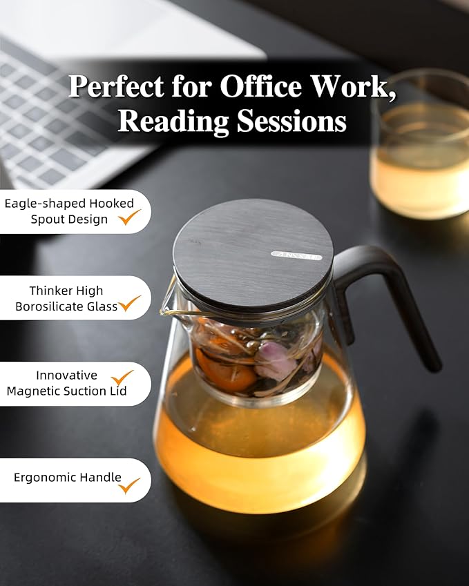 ZENS Magnetic Tea Pot, Enchanted Glass Teapot with Infuser and Magnetic Suction Lid for Mess-Free Loose Tea Diffusers, Black Walnut Pattern Handle, Tea Lovers Gifts