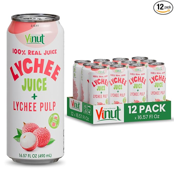 VINUT 100% Natural Lychee Juice Drink with Pulp, Real Lychee Juice, Gluten Free, GMO-Free, 16.57 fl oz, Pack of 12