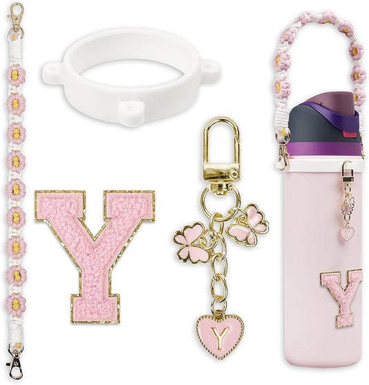 Compatible with Owala Water Bottle Accessories, Cute Letter Charm Set with Boho Handle Strap, Monogram Sticker, Silicone Ring, Keychain Decoration, for FreeSip 24 32 40oz, Owala Kids, Tumbler Gift