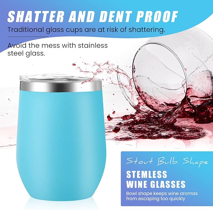 16 Pack Stainless Steel Wine Tumblers 12 oz Insulated Vacuum Wine Cup Set Double Wall Stainless Steel Stemless Mug Glasses for Coffee Soda Whiskey Outdoor Travel (Light Blue)