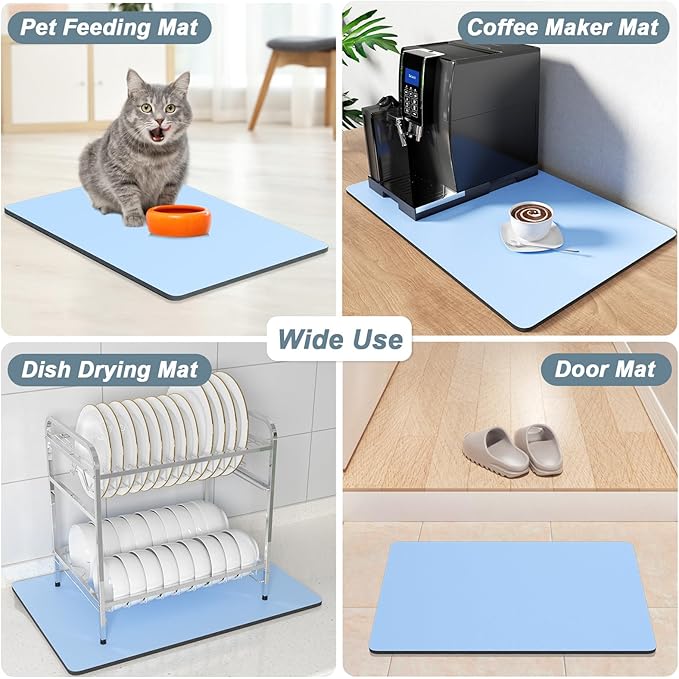 Rnivvi Coffee Mat, 12" x 19" Coffee Bar Mats for Espresso Machine Station Accessories and Organizer, Hide Stain Rubber Backed Absorbent Dish Drying Pad for Kitchen Counter, Cute Bar Decor Pad, Blue