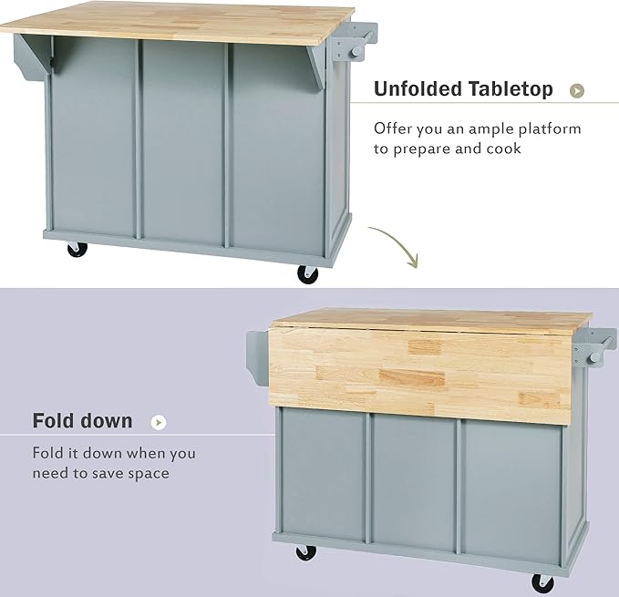 Rolling Kitchen Island with 2 Bar Stools, Drop Leaf, Cabinet Door Storage Racks & 3 Drawers, Mobile Kitchen Cart with Rubberwood Top & Locking Wheels for Dining Room & Kitchen, 53-Inch, Grey Blue