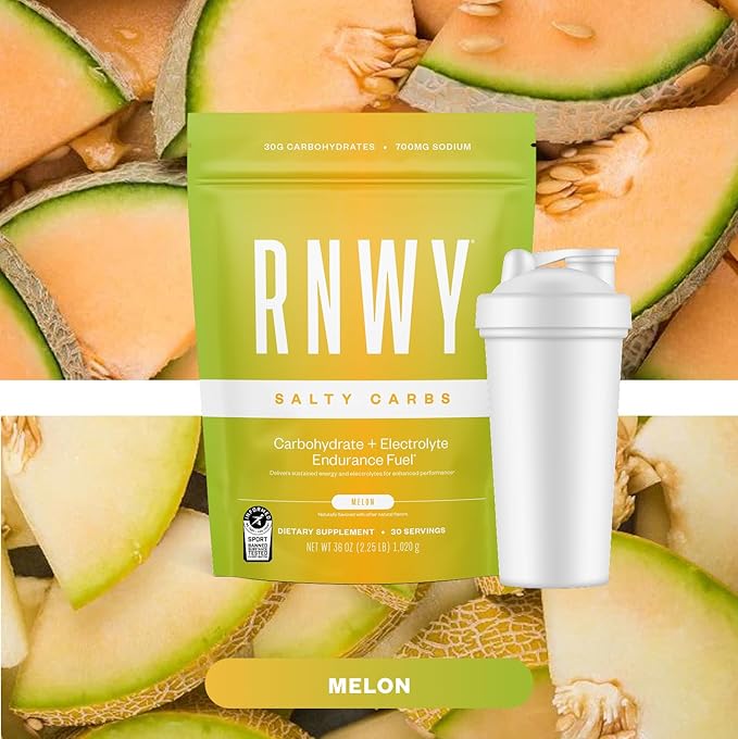 Salty Carbs Electrolyte Drink Mix 30g Dual-Action Carbs + 700mg Sodium, Endurance Fuel for Runs, Rides and Races, Gluten-Free, Dairy-Free, Non-GMO (30 Servings, Melon)