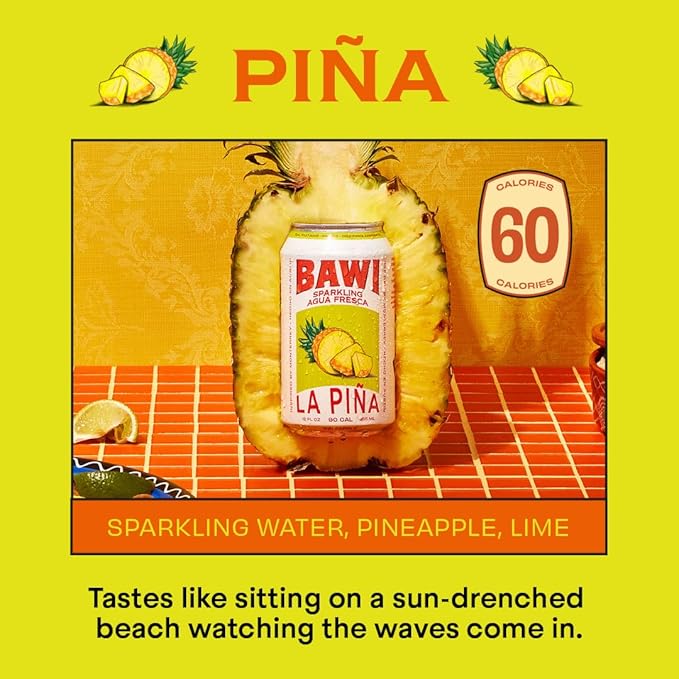Bawi La Pina Sparkling Agua Fresca, 12 Pack - Pineapple Flavored Water, Plant-Based, Low Calorie, Less Sugar, Culturally-Rooted, Mexican Drink, Made in USA, Better-For-You Soda, Authentic Mexican Drink