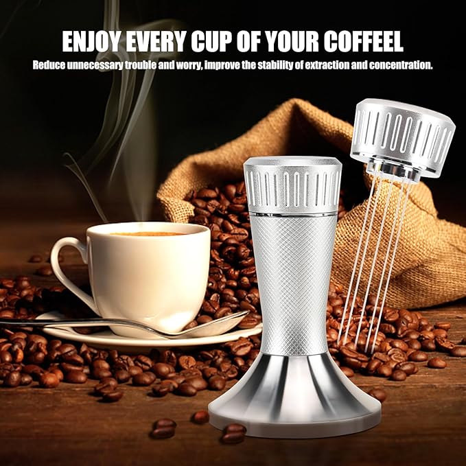 53mm Espresso Tamper, 2-in-1 Premium Barista Coffee Tamper & WDT Tool, Excellent Quality Curve Stainless Steel Base Tamper for Espresso Machine, Compatible with Breville Series 54mm Portafilter Baske