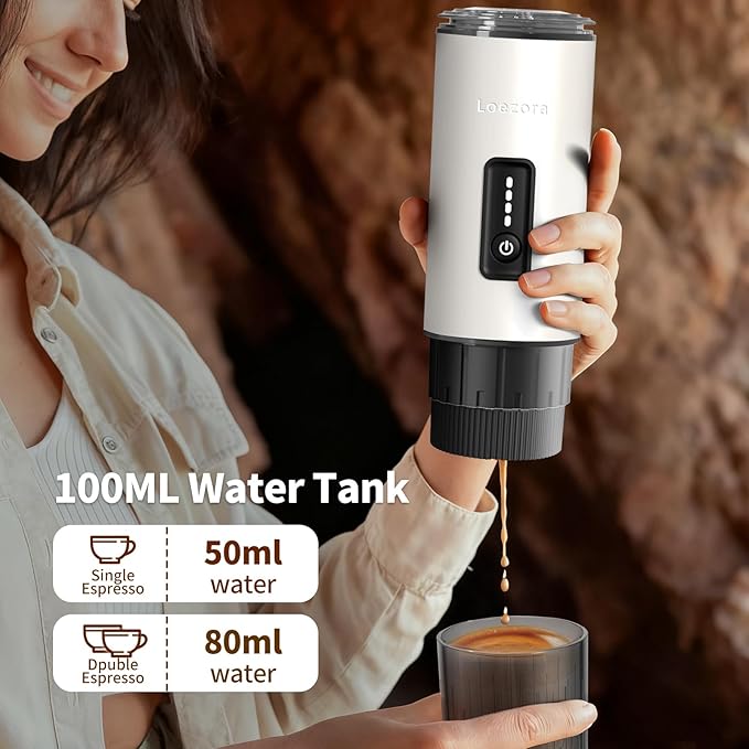 Leozora Portable Espresso Maker, 20Bar Professional Pressure, Stainless Steel Body, 7500mAh USB-C Rechargeable, 3-in-1 for Ground Coffee & Nespresso/DG Capsules, Ideal for Camping, Car, Office, White