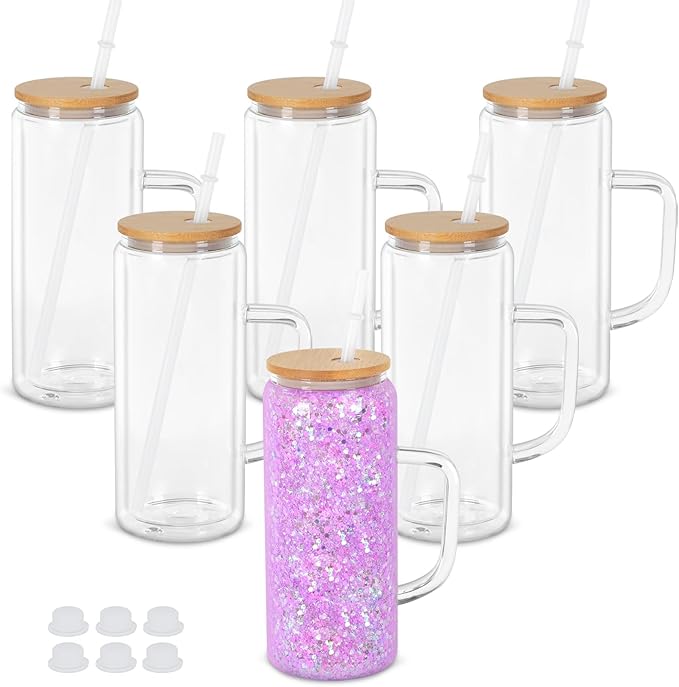 20 Oz Snow Globe Glass Cup With Handle, 6 Pack Pre-Drilled Double Wall Glass Coffee Mug For Snowglobe Diy Glitter, Double Wall Snow Globe Tumbler with Bamboo Lid