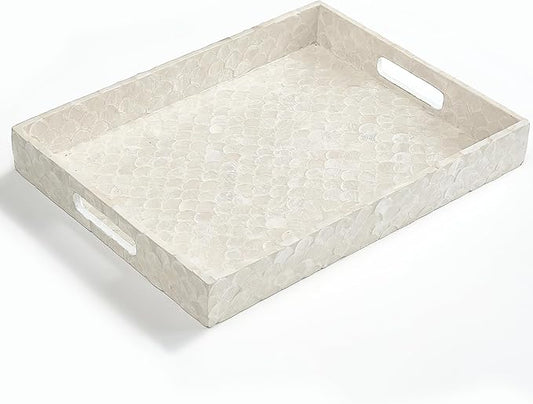 Capiz Decorative Tray 15.8” x 11.8” x 1.8" Rectangular Tray, Natural Handmade Serving Tray with Handles for Coffee Tables, Ottoman, Vanity, Kitchen, Coastal Boho Home Decor, White