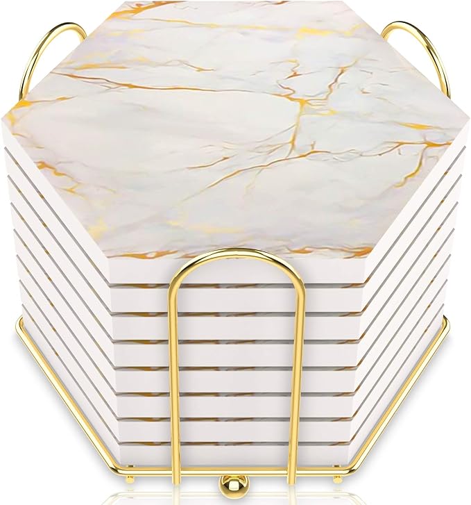 8-Piece Marble Ceramic Coaster Set | Super Absorbent for Hot & Cold Drinks | Cork Bottom Table Coasters