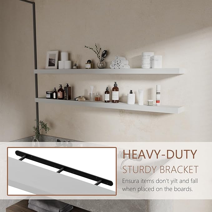 60 inch Long Floating Shelves for Wall,Solid Wood Long Shelves Set of 2,Rustic Wall Mounted Shelves with Invisible Brackets for Decor & Storage (White, 60 Inch)
