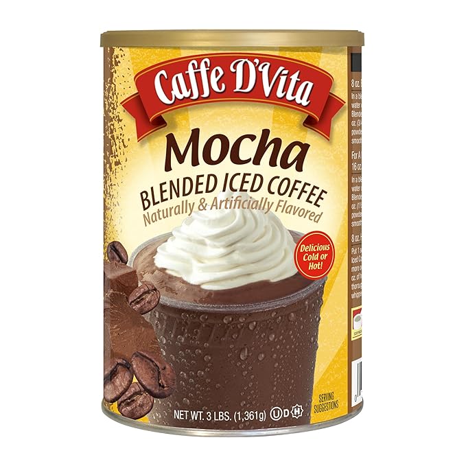 Caffe D'Vita Mocha Blended Iced Coffee - Mocha Powder Frappe Mix, Instant Ice Coffee Mix for Cappuccino, Frappe Freeze, Enjoy Hot, Blended, or Iced - 3lbs