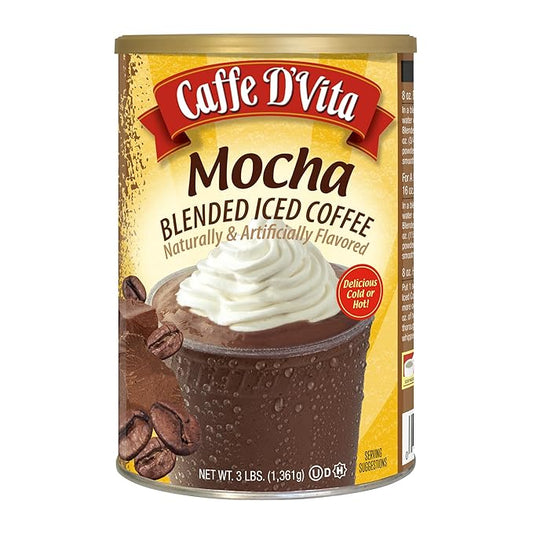 Caffe D'Vita Mocha Blended Iced Coffee - Mocha Powder Frappe Mix, Instant Ice Coffee Mix for Cappuccino, Frappe Freeze, Enjoy Hot, Blended, or Iced - 3lbs