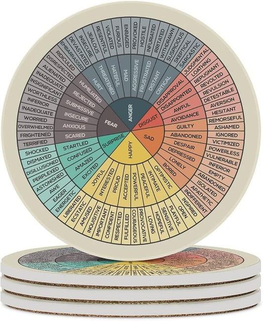 Wheel of Emotions Feelings Chart Coasters for Drinks Set of 4 Absorbent Round Ceramic Coaster Cork Base Cups Place Mat for Coffee Wooden Table Home Therapy Office Decor Counselor Therapist Gifts