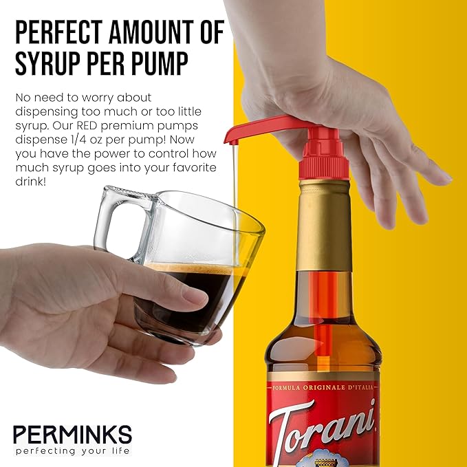 Premium Syrup Pump Compatible with Torani 750 ml Bottle, Davinci Syrups - No Spill, No Clog Syrup Pump Dispenser for Vanilla, Snow Cone, Blueberry, Coffee Flavoring & More (Pack of 6, Red)