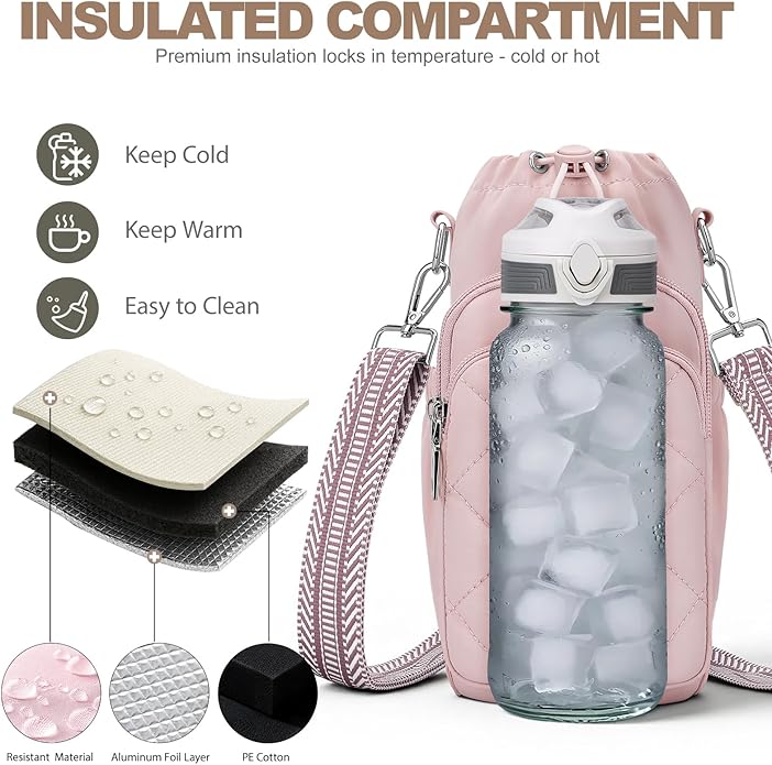 Water Bottle Bag Crossbody，Insulated Water Bottle Purse Crossbody Water Bottle Holder with Strap 40 oz