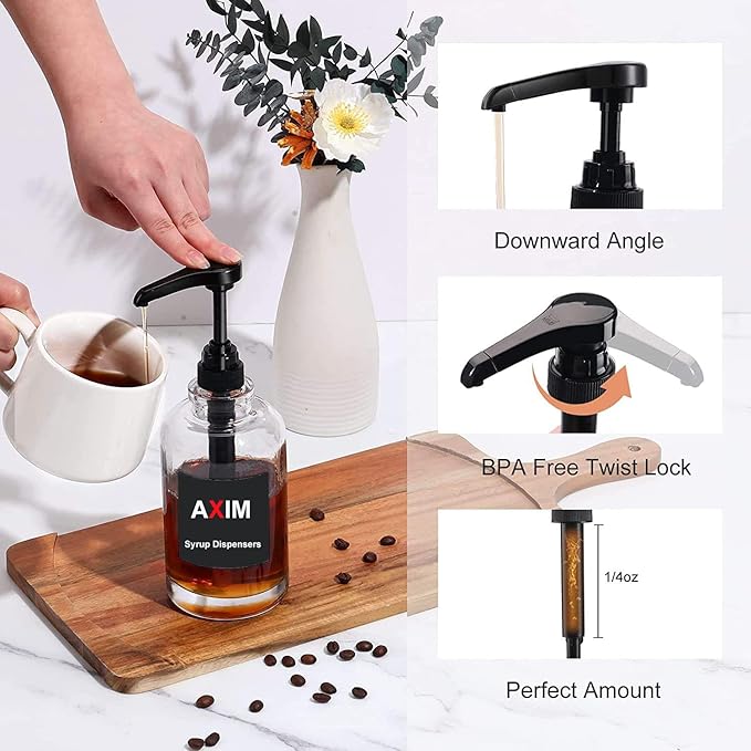 AXIM Coffee Syrup Dispenser,2 Pack 500 ml/16.9 oz Glass Syrup Dispenser with Labels& Funnel,Coffee Bar Organizer,Modern Coffee Station Accessories for Kitchen