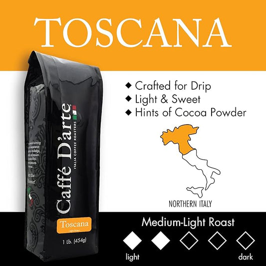 Caffé D'arte Toscana Ground Coffee – Medium Light Roast, Light & Sweet Flavor with Cocoa Notes – Fresh Roasted in Seattle, Crafted for Drip Coffee Makers – 1 lb Bag, Pack of 2