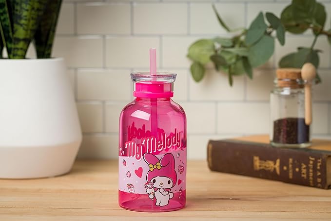 Silver Buffalo Sanrio Hello Kitty and Friends Featuring My Melody Strawberries Sweets Pink Glass Milk Bottle with Straw, 15 Ounces