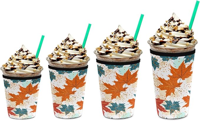 Colored Fall Maple Leaves Iced Coffee Sleeve for Cold Drink Cups, Reusable Neoprene Insulated Drink Sleeves Cup Cover for Beverages, Fits 22-24 oz