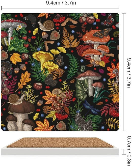 Square-4PCS Botanical Ceramic Coasters, Square Absorbent Drink Coasters, Rustic Cartoon Abstract Botanical Mushroom Plants Pattern Ceramic Table Coasters for Coffee, Beverage, Wine, Beer Coasters