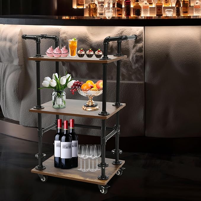 Industrial Bar Cart with Wheels, 3-Tier Rolling Kitchen Cart with Storage, Mobile Serving Cart for Wine Tea Liquor, Vintage Style for Home Bar Cafe