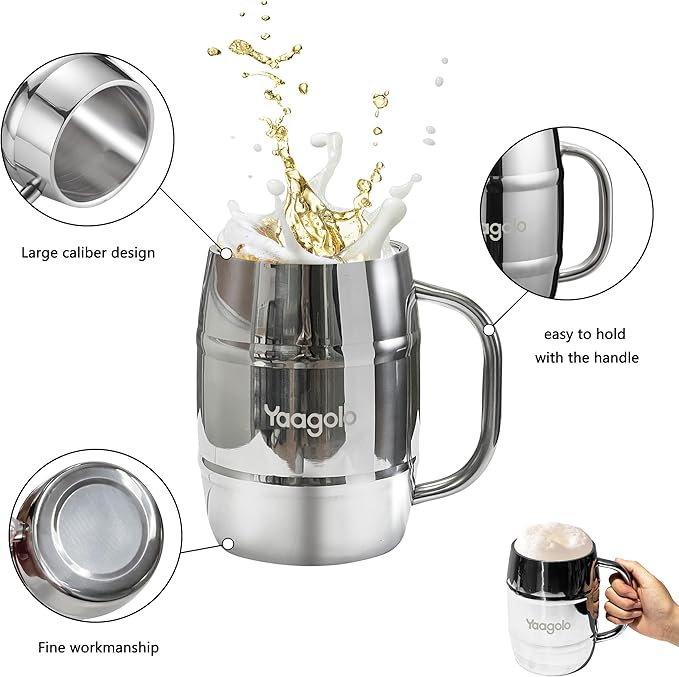 Insulated Beer Stein, 2 Pack 32oz Double Wall Stainless Steel Beer Stein with Handle, Insulated Stein Mug for Cold Drinks, Hot Coffee, Milk, Shatterproof Cups for Men Women