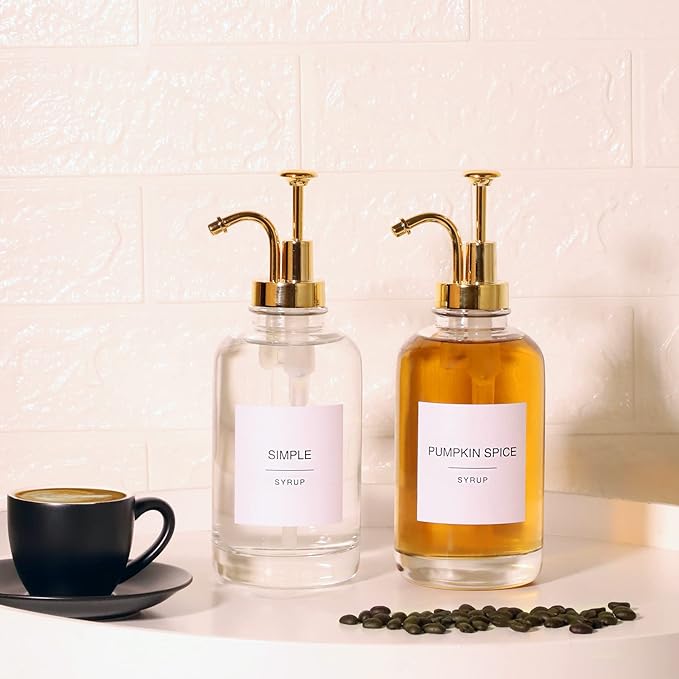 Coffee Bar Accessories - Glass Coffee Syrup Dispenser with 84 Syrup Labels (Set of 2), Fancy Pump Dispenser, 16.9 oz, Gold