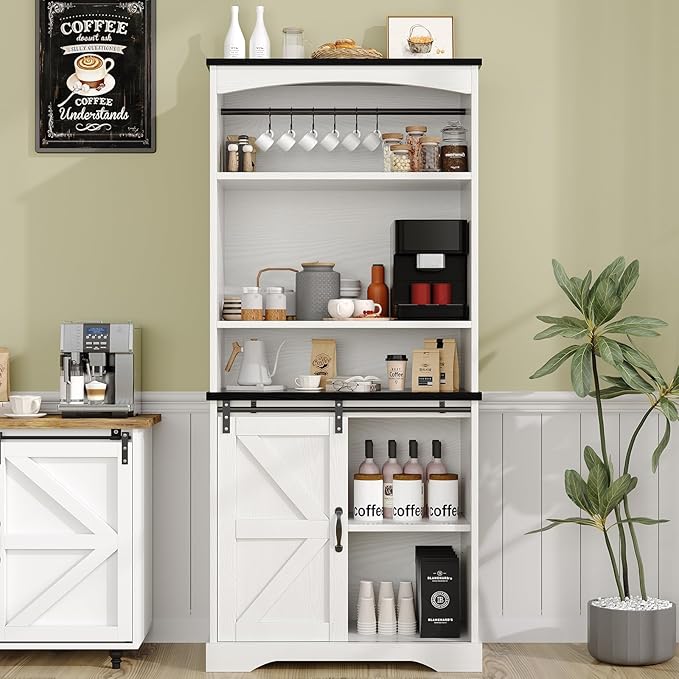 4ever2buy Farmhouse Tall Coffee Bar with Tall Hutch, Buffet Cabinet with Storage, 70 Inch Coffee Bar Cabinet with Sliding Barn Door and Adjustable Shelves for Living Dining Room, White
