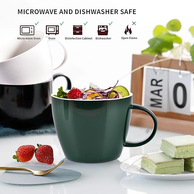 Large Coffee Cup, Huge Ceramic Mug 30 Ounce for Zippy Coffee Breaks in Office or Casual Breakfasts Soup Cereal Bowl at Home, Microwave and Dishwasher Safe, White Interior with Outer Glossy Green