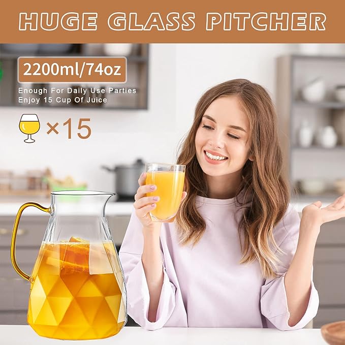 Yirilan Glass Pitcher, 2.2 Liter Water Pitcher With Lid,Iced Tea Pitcher for Fridge,Carafe With Lid, Glass Water Jug For Juice, Milk, Cold Or Hot Beverages, 2 Quart