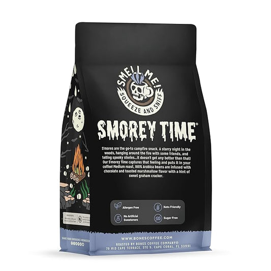Bones Coffee Company S'morey Time, S'mores and Graham Crackers Flavored Coffee, Medium Roast Low Acid Arabica Beans Compatible with Auto drip and French Press Coffee Maker, 12 Oz Ground
