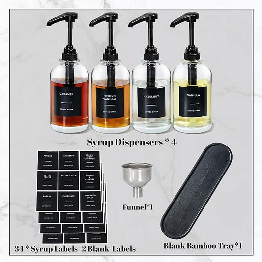Coffee Syrup Pump Dispenser - Glass Bottle with 1/4 oz Large Capacity Pump, Coffee Bar Organizer Black, 16.9oz