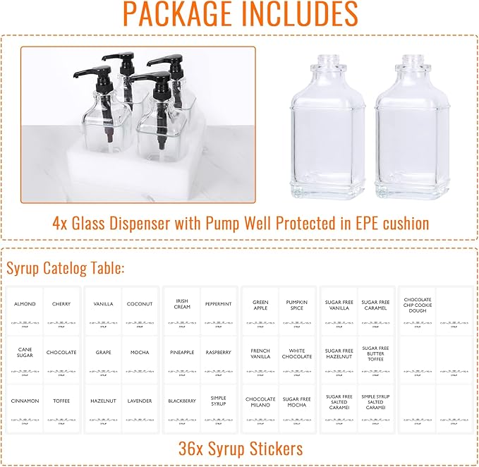 SZUAH 16oz Coffee Syrup Dispenser with Pumps 4pack(480ml), Leak-Proof Syrup Dispensers for Coffee Bar, Kitchen and Commercial Use with Stickers