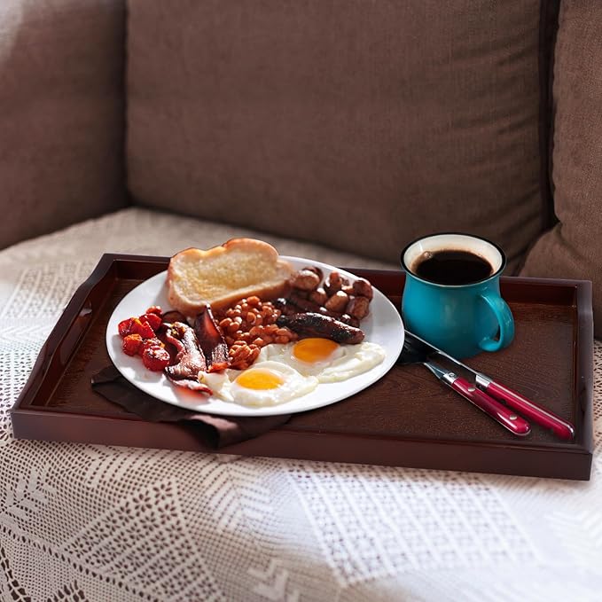MDLUU Plastic Serving Tray, Ottoman Tray with Cutout Handles, Rectangle Butler Tray for Breakfast in Bed, Coffee Table Decor, Party (Red Brown)