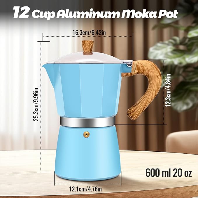 Vaolvpant 12 Cup Aluminum Moka Pot Classic Stovetop Espresso Coffee Maker 600ml 20oz Coffeemaker Percolator Mocha Pot Greca Coffee Maker Cafe Makers for Italian and Cuban Café Brewing Blue