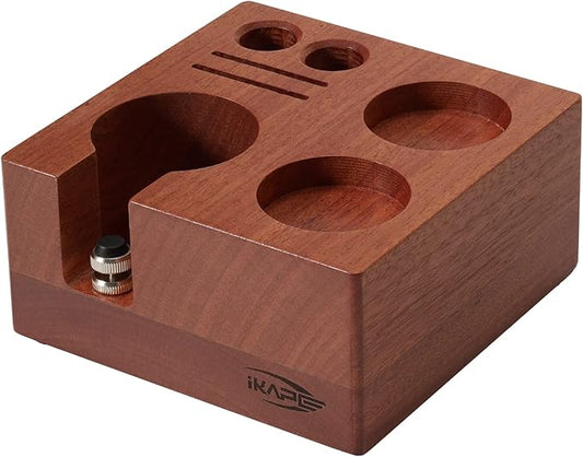 IKAPE Espresso Tamper Holder, Wooden Coffee Tamper Station Base, Natural Walnut Espresso Tamp Mat Stand Fit for 51 to 54mm Espresso Accessories - Can Adjustable Portafilters Stand Height (7 IN One)