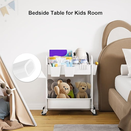 2 Tier Rolling Cart Metal with Wheels, White Under Desk Storage Roller Caddy on Wheels, Two Tiered Short Shelf Trolley, Small Utility Organizer Carts for Dorm, Bathroom, Craft, Art, Baby, Pantry,Snack
