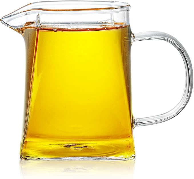 Yarlung 4 Pack Small Glass Pitcher, 12 Oz Clear Creamer Pitcher with Handle, Creative Coffee Milk Pitcher Tea Fair Cups for Table Serving, Square Base