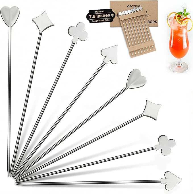 Demigo Long Cocktail Picks 7.5 inches, 8pcs New Styles Stainless Steel, Reusable Olive Stuffers Martini Pick set Fruit Toothpick Garnish Skewers Appetizer Drink Stick for Bar Party, Barbeque Snack