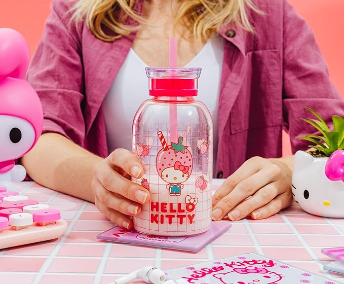 Silver Buffalo Sanrio Hello Kitty Strawberry Milk Grid Glass Milk Bottle with Straw, 15 Ounces