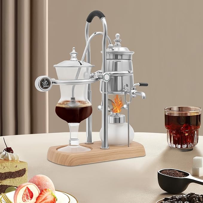Belgium Royal Family Balance Syphon Siphon Coffee Maker Unique Gravity Vintage Coffee Maker Manual Coffee Machine for Personal Kitchens, Beverage Stores (Silver)