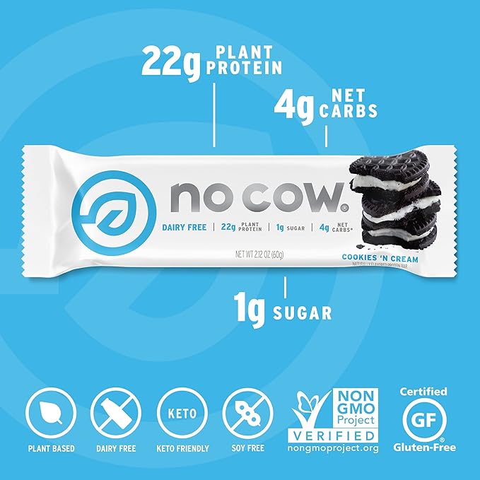 No Cow Vegan Protein Bars, Upgraded Cookies 'n Cream | 20g Plant Based Protein, Gluten Free, Dairy Free, Soy Free, Keto Friendly, Low Sugar, High Fiber Snack Bars | Pack of 12