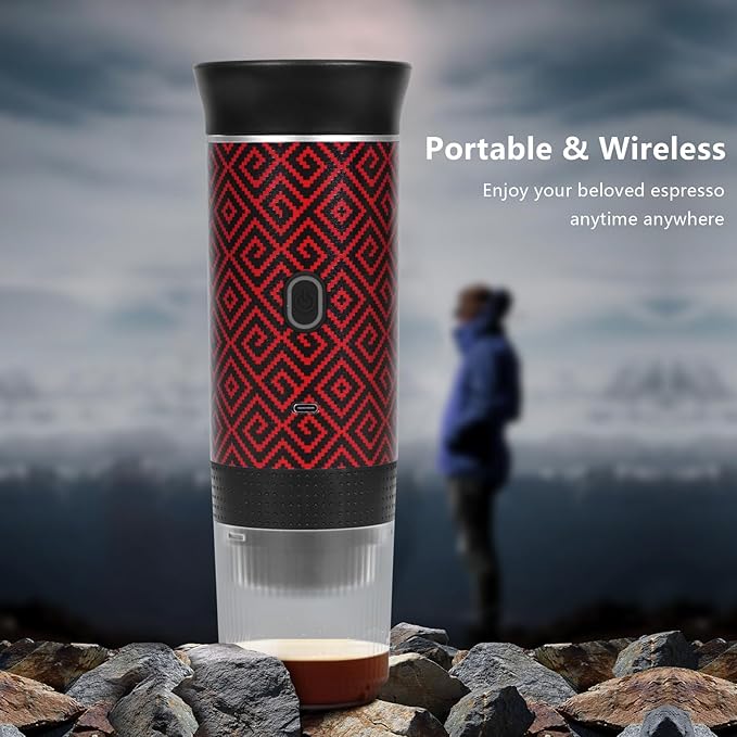 Coffee Maker Gift Set for Camping,Battery Powered Portable Electric Espresso Machine, Rechargeable Coffee Maker Self Heating Ground Coffee Capsule for RV, Hiking (Red)